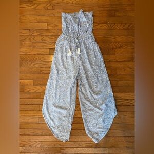 Japna Light Blue Printed Strapless Wide-Leg Jumpsuit